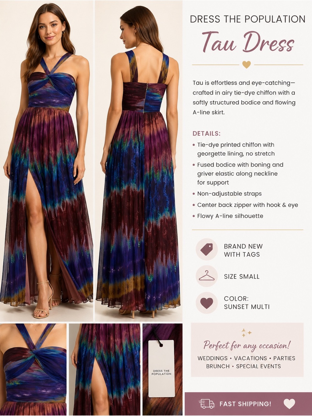 NWT Dress The Population Tau Dress Sunset Multi Size Small Chiffon A-Line - Picture 5 of 5